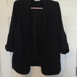 Chico's Black Open-Front Draped Blazer with Ruched 3/4 Sleeves